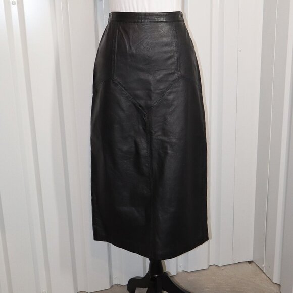 G-III Womens Vintage Black Leather Midi Pencil Skirt Back Snaps 80's Size 11/12 - Picture 1 of 11